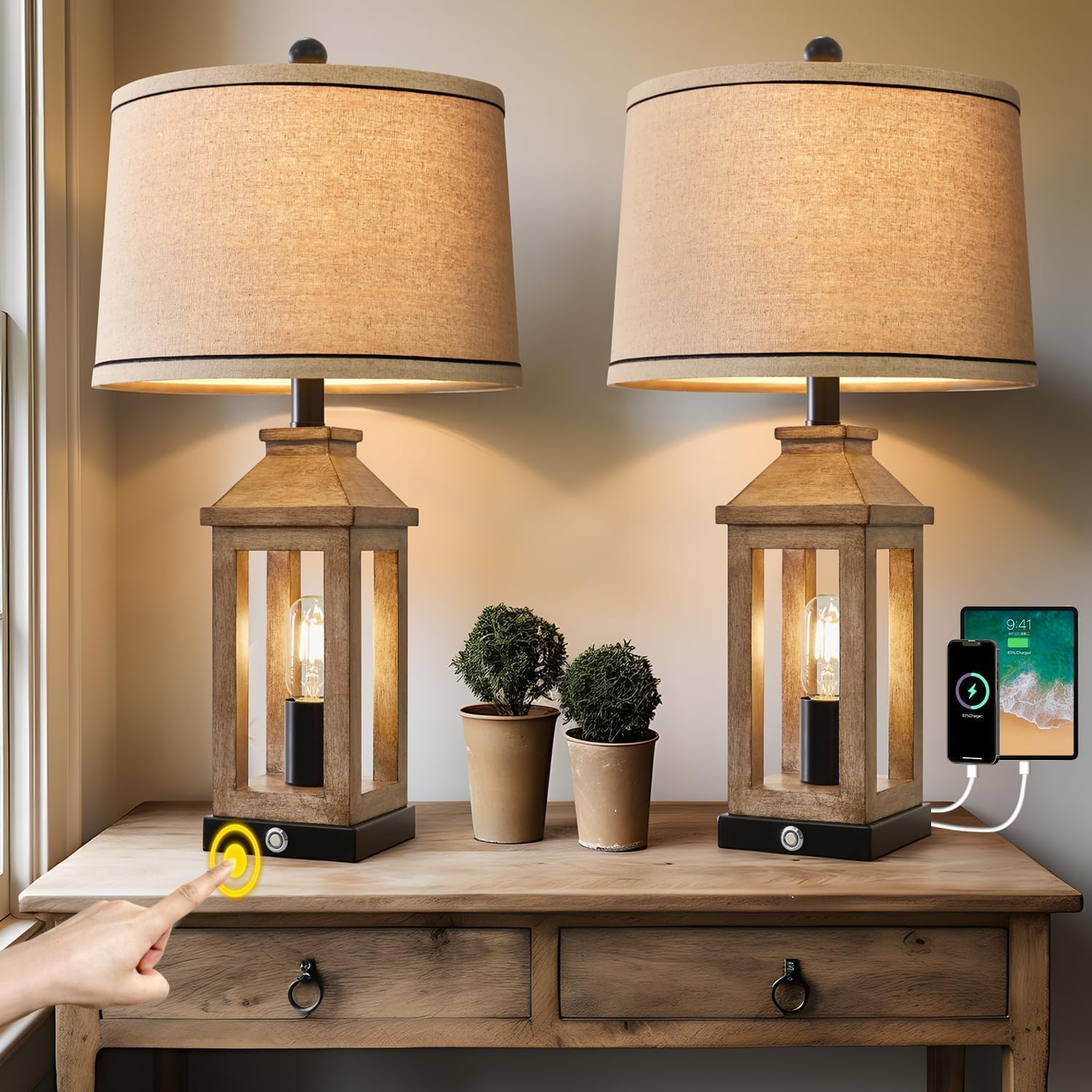 G-SAFAVA 23.75" Farmhouse Dual USB Charging Ports 3-Way Dimmable Touch Control Table Lamp with Nightlight Vintage Modern Lamps for Living Room Bedroom - WoodArtSupply