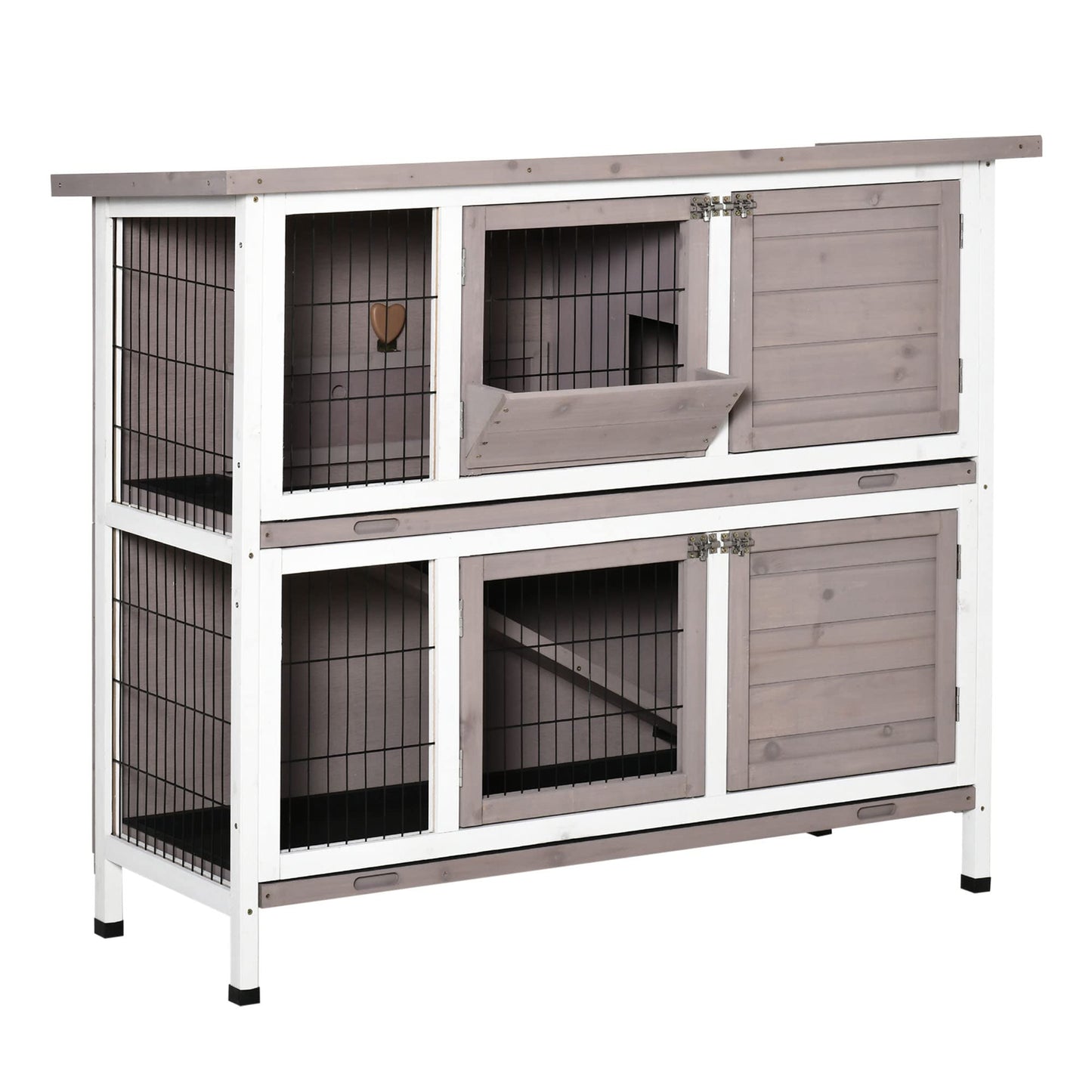 PawHut Indoor or Outdoor Rabbit Hutch with Quick on-The-Go Feeding, Wood Rabbit Cage, Long Hopping Distance, Medium Rabbit Hutch, 4 Door, No Leak Tray, Grey Brown