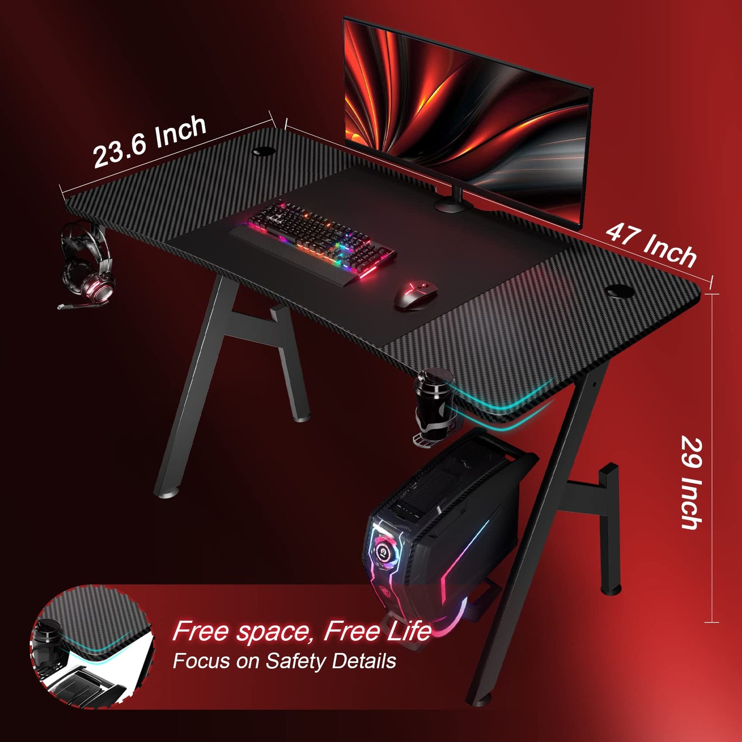 HLDIRECT 47 Inch Gaming Desk with Carbon Fibre Surface Large Computer Desk Gaming Table Ergonomic Pc Gaming Workstation Home Office Desks with Cup Holder & Headphone Hook