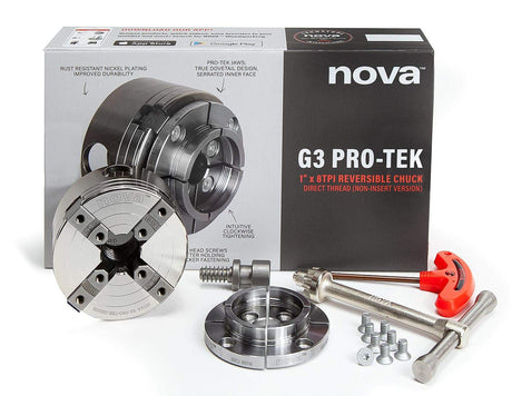 NOVA 48291 PREMIER PRO-TEK G3 Wood Lathe Chuck with 2" PRO-TEK Jaws, Woodworm screw, & Dlx. Storage Box, Direct Thread Version 1"x 8 TPI Only (Does Not Use Inserts) Nova
