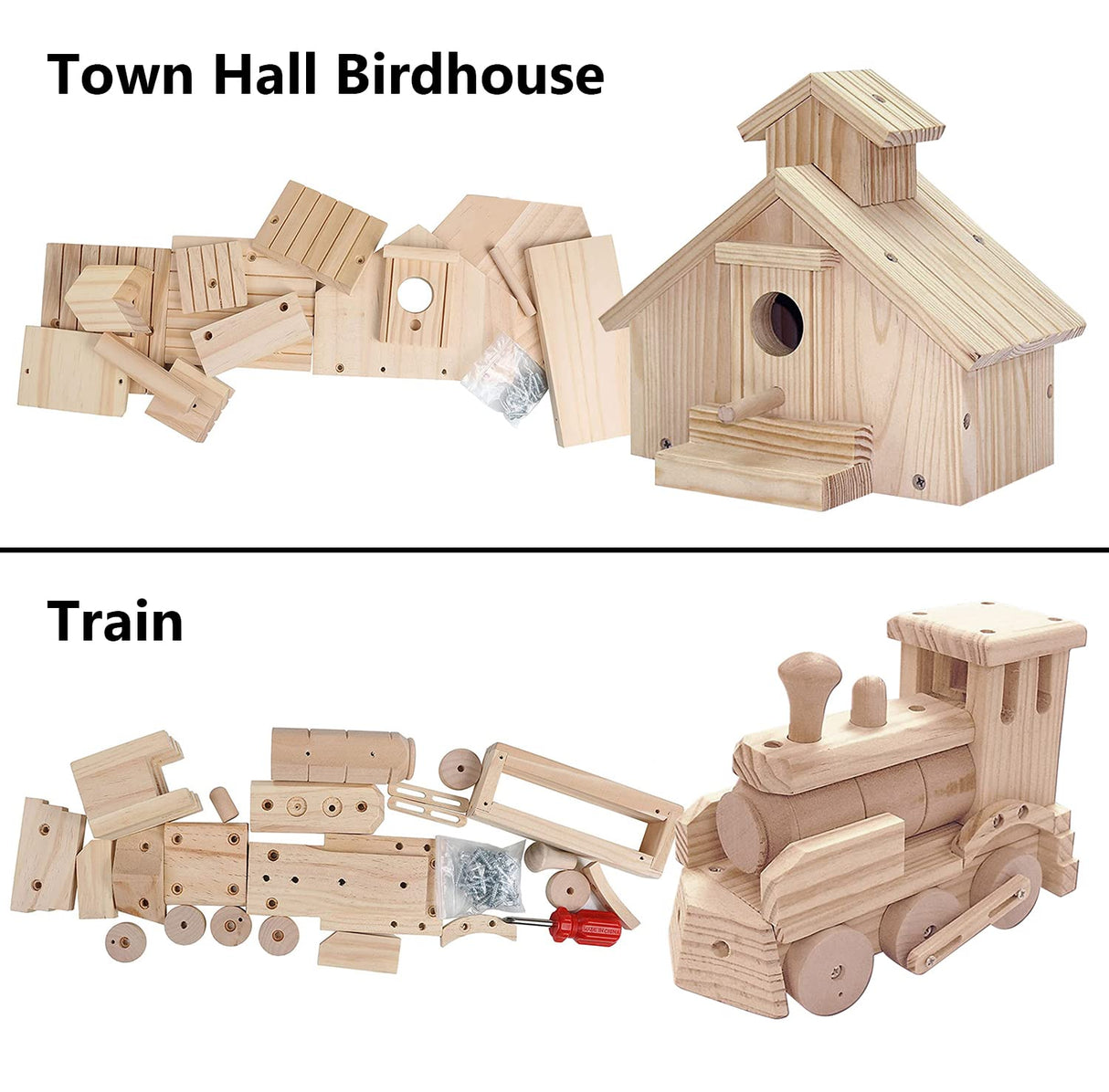 Kraftic Woodworking Building Kit for Kids and Adults, 2 Educational DIY Carpentry Construction Wood Model Kit Toy Projects for Boys and Girls - Build a Wooden Town Hall Birdhouse and Train Kraftic