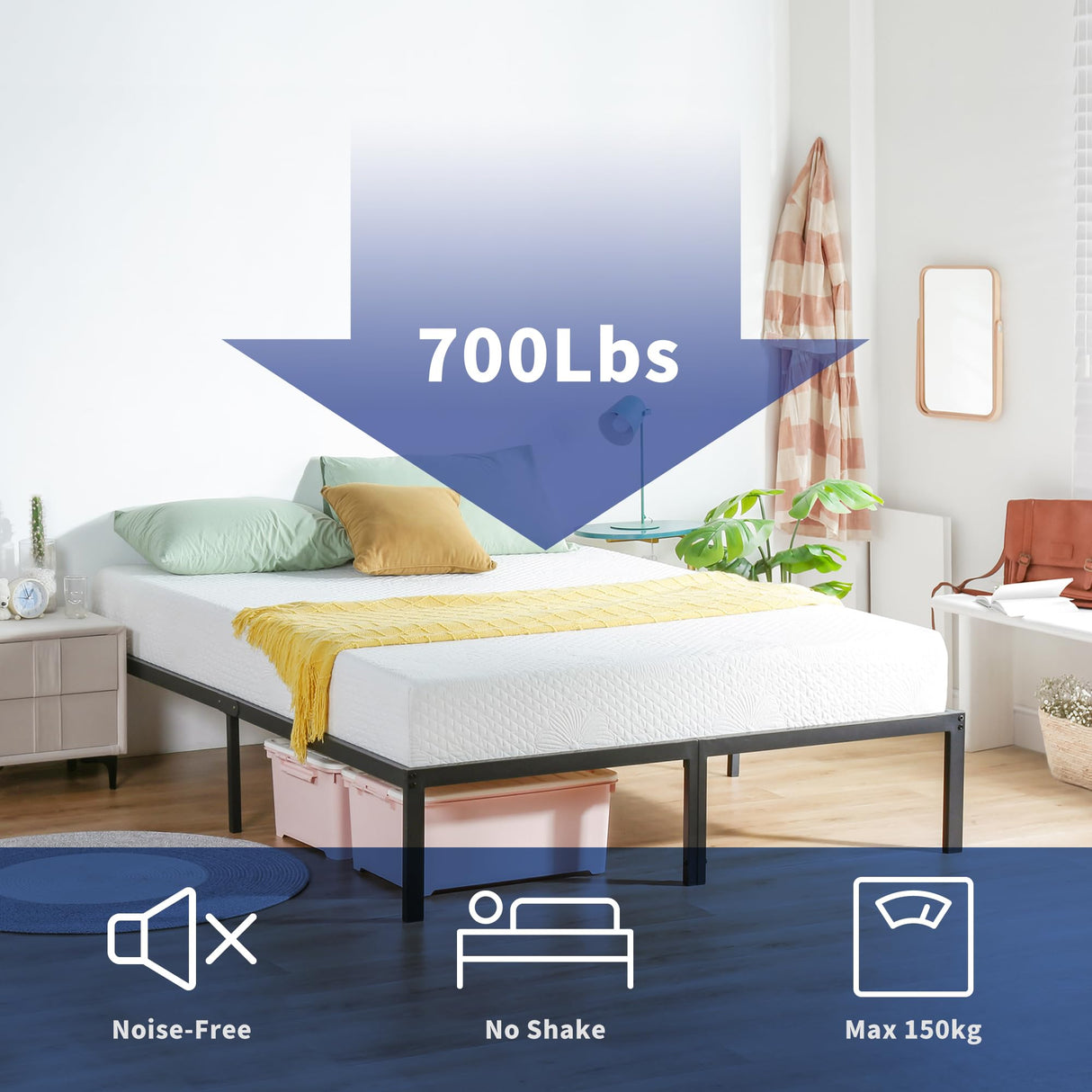 Olee Sleep 14 Inch Heavy Duty Steel Slat Anti-Slip Support, Easy Assembly Platform Bed Frame, Noise Free Steel Mattress Foundation, Maximum Storage, No Box Spring Needed, Black, King Size Olee Sleep