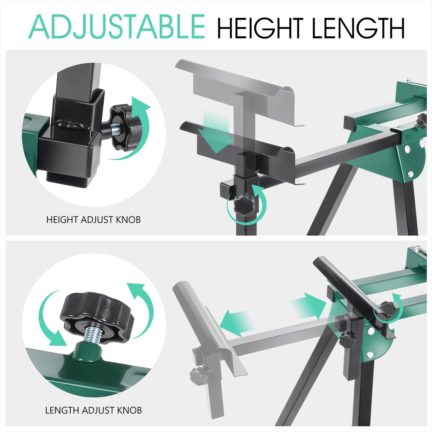 DNA MOTORING Miter Saw Stand Quick Attach Tool Compact & Folding, 220LB Capacity, Max. Sliding Rail 92.5", Quick Release Mounting Brackets, Green, TOOLS-00463 - WoodArtSupply