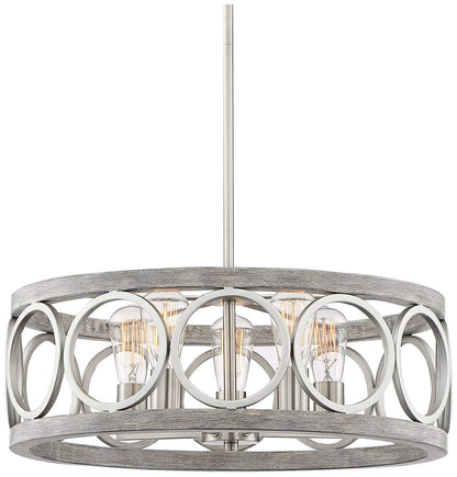 Franklin Iron Works Salima Brushed Nickel Gray Wood Pendant Chandelier Lighting 21 1/4" Wide Farmhouse Rustic Openwork LED 5-Light Fixture for Dining Room Living House Foyer Kitchen Island En - WoodArtSupply