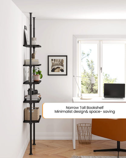 ALLZONE Adjustable 5-Tier Narrow Ladder Bookshelf with Tension Mount for Modern Spaces, Black - WoodArtSupply