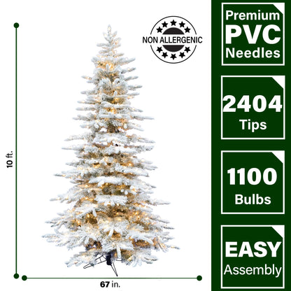 Fraser Hill Farm Pine Valley Flocked Christmas Tree, 10 Feet Tall, Artificial Snowy Tree Includes Easy to Connect Warm White LED Lights, Realistic and Modern Tree Perfect Holiday Décor