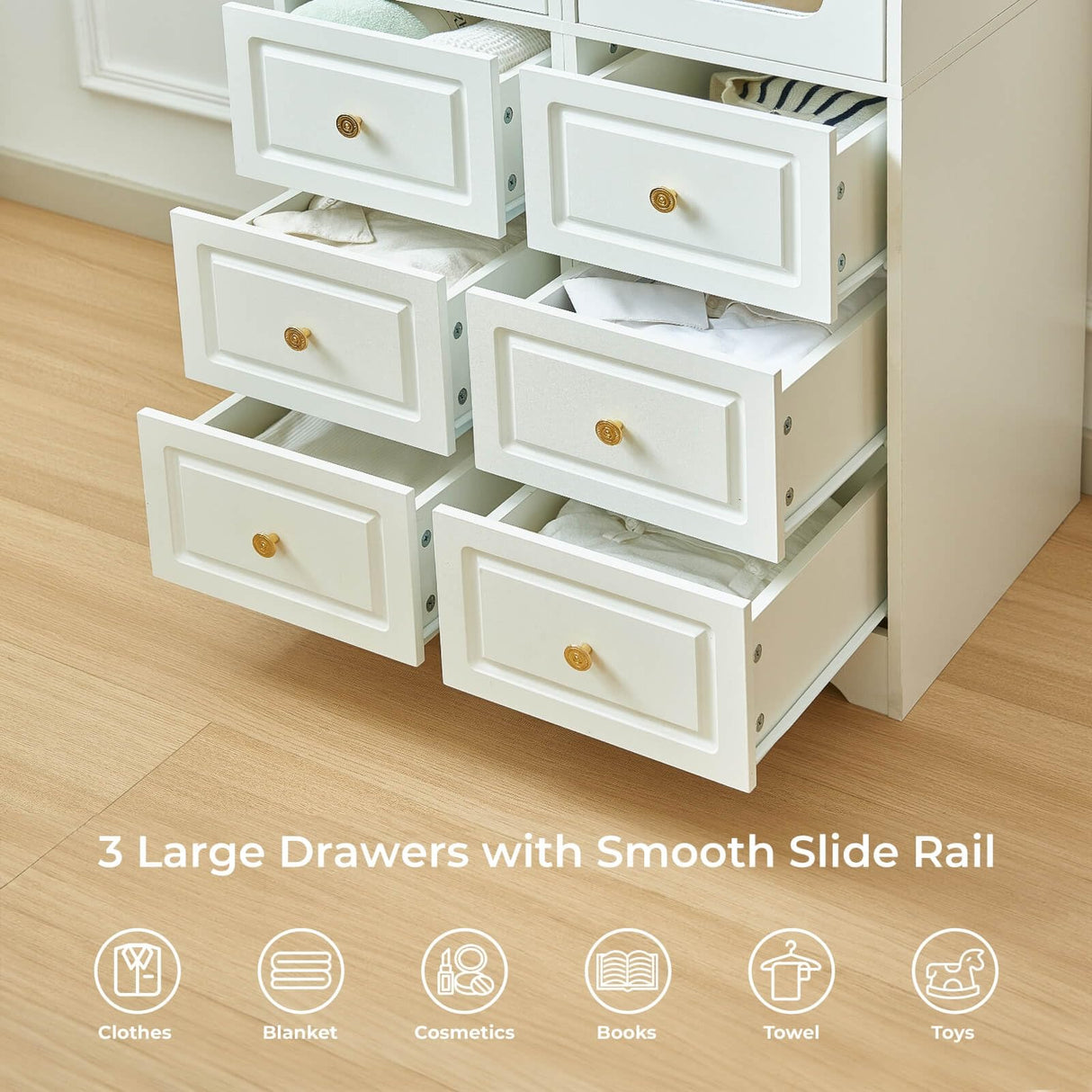 JanflyHome Armoire Wardrobe Closet, White Bedroom Armoires Cabinet with Mirror Door and 3 Drawers, 69.5" H Clothing Storage Cabinet with Hanging Rod & Sensor Light for Bedroom-Right JanflyHome