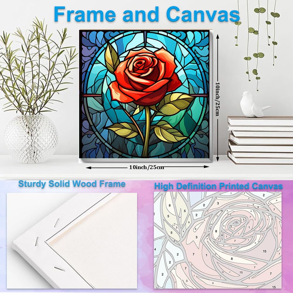Artunion Framed Paint by Numbers Kit for Adults Beginners & Kids Ages 8-12,Red Rose Flower Paint by Number with Frame, Stained Glass Paint by Numbers Kit on Canvas 10 * 10 Inch Without Easel Artunion