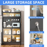 haiorjun Bakers Rack with Storage Cabinet, 66" Tall Kitchen Pantry Cabinet with Microwave Stand, Wheels, Doors and Metal Pegboard Panels for Living Room, Dining Room,Black haiorjun