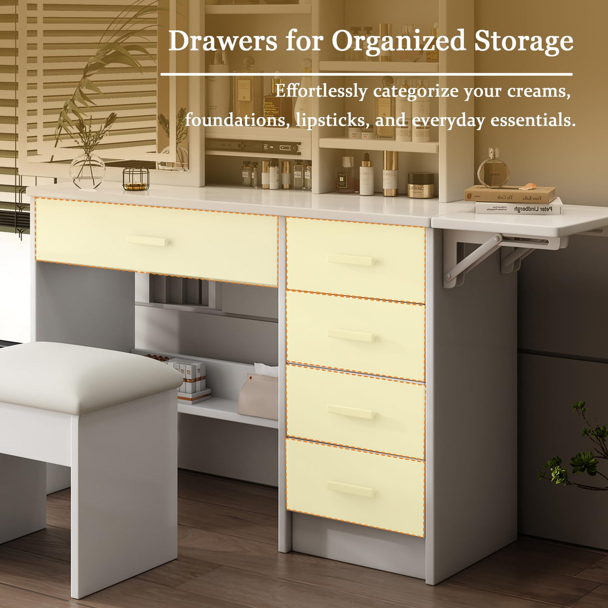 Runboll Stylish Vanity Desk with Mirror and Lights, White Dressing Table Set with Chair, 5 Drawers & Open Shelves, Adjustable 3-Color LED Lighting, Perfect for Bedroom Makeup Runboll