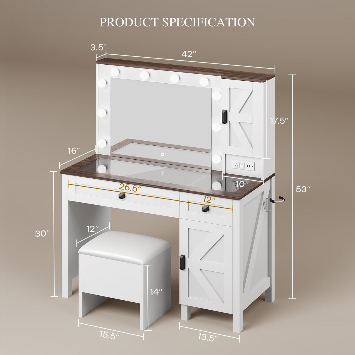 YITAHOME Farmhouse Makeup Vanity Desk with Mirror and Lights, Retro Big Vanity Table Set with Charging Station, Makeup Desk with 2 Drawers & 2 Cabinets, 10 Dimmable Light Bulbs, for Bedroom, White YITAHOME
