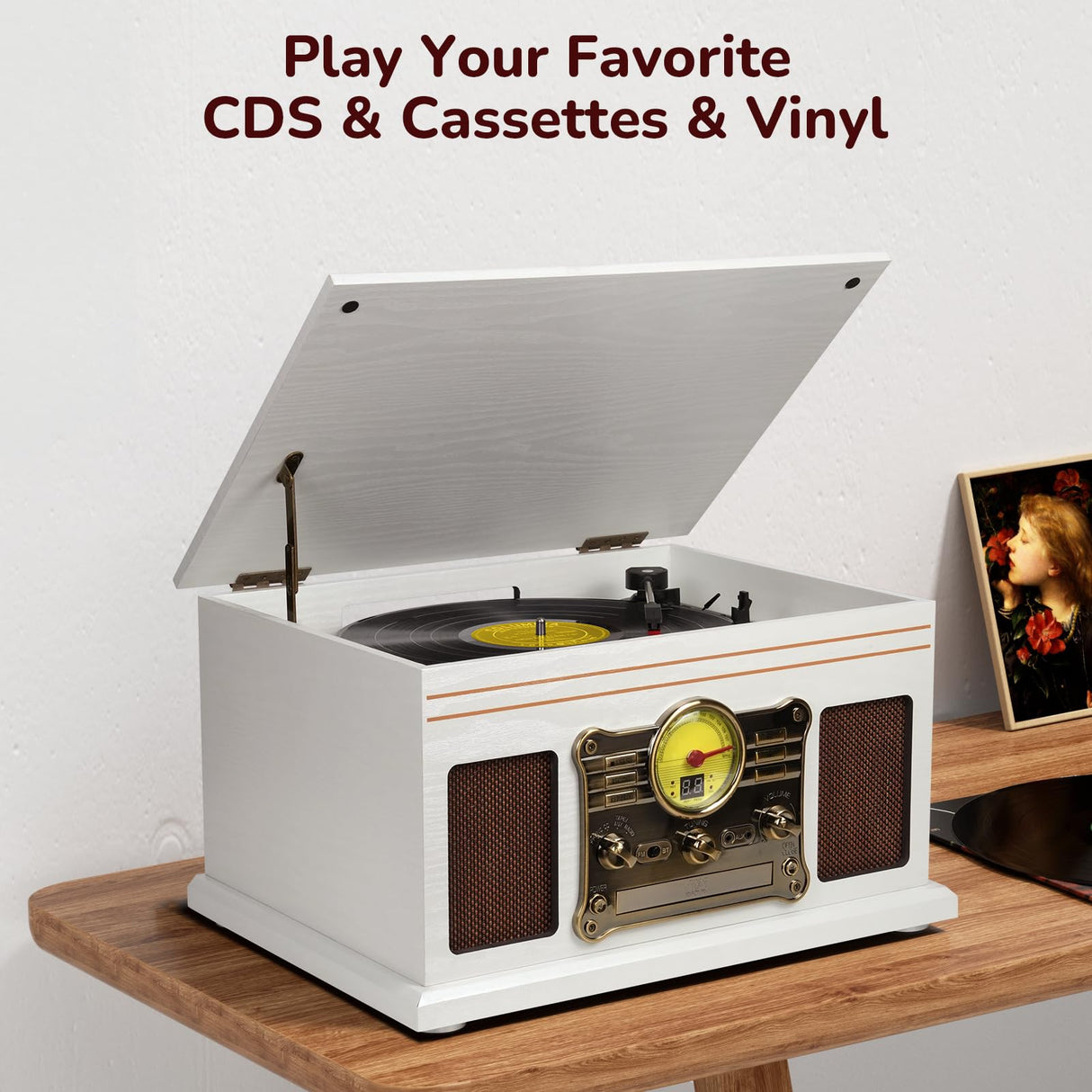 FEKTIK Bluetooth Record Player 10 in 1,FEKTIK 3-Speed Turntable for Vinyl with Speakers, LP to MP3 Converter, CD, Cassette Player, FM Radio, Wireless Streaming | White FEKTIK