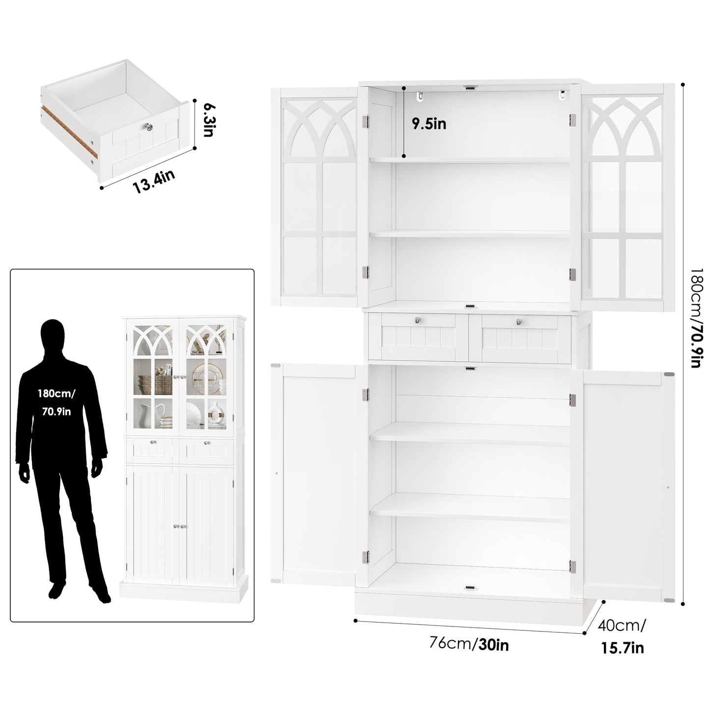 finetones 71” Kitchen Pantry Cabinet, Kitchen Cabinet Kitchen Hutch with 2 Drawers and 4 Doors, Freestanding Kitchen Cupboard Pantry Cabinet for Dining Room, White - WoodArtSupply