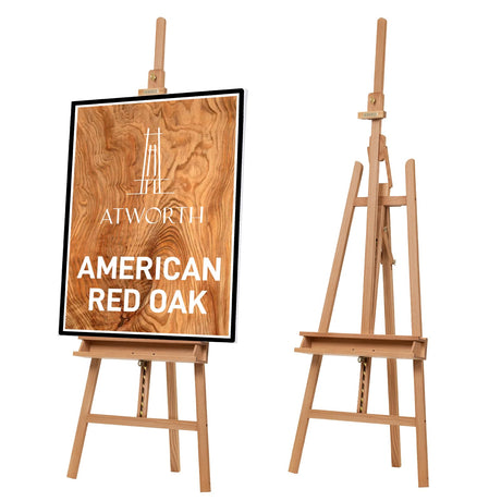 ATWORTH American Oak Inclinable Studio Art Easel, Hold Canvas up to 48”, Deluxe Wooden Large Adjustable A-Frame Lyre Style Floor Painting Easel Stand with Storage Tray, Natural Oil Finish ATWORTH