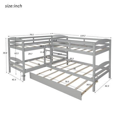 Harper & Bright Designs Quad Bunk Bed with Trundle, L Shaped Bunk Bed for 4 Kids, Wooden Twin Bunk Bed Frame for Kids Teens Adults (Gray)