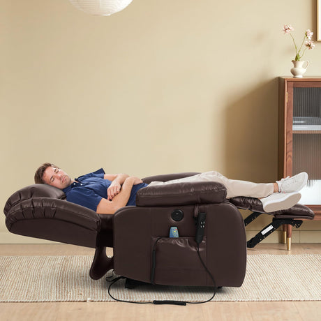MAEVIS Power Recliner Chair, Lay Flat Sleeping Lift Chairs Recliner for Elderly with Heat and Massage,Comfy Real Breathable Leather Recliners with Dual OKIN Motor for Living Room (Brown) MAEVIS