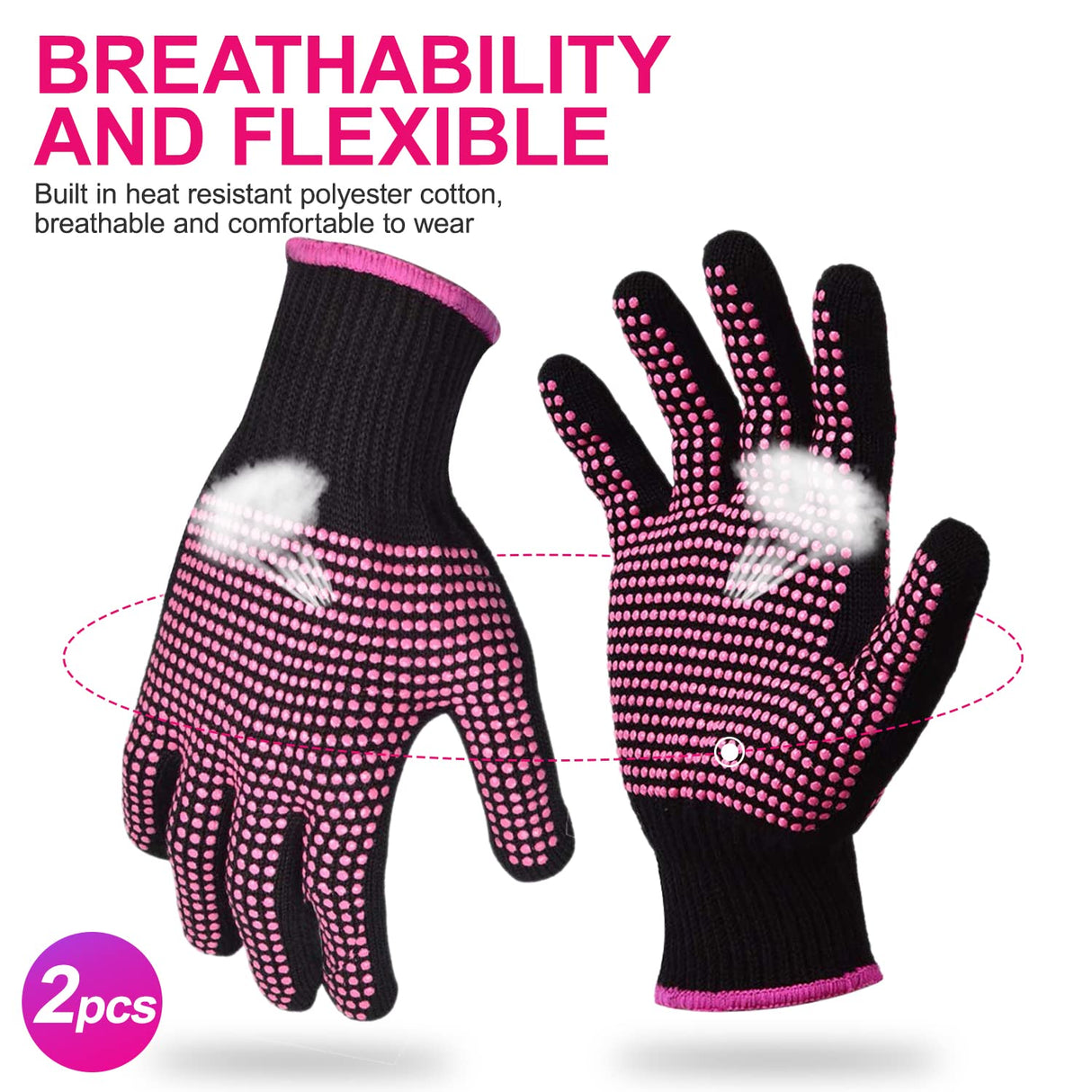 Sopito 2Pcs Heat Resistant Gloves with Silicone Bumps, Professional Heat Gloves for Hair Styling, Heat Proof Glove Mitts Heat Protection Gloves for Curling Iron Wand Flat Iron Sublimation, Rose Red Sopito