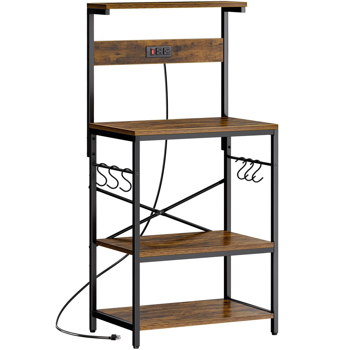Rustic Brown SUPERJARE Kitchen Bakers Rack with Power Outlets and Hooks - 4-Tier Storage Shelf for Microwave, Coffee Bar, and More SUPERJARE