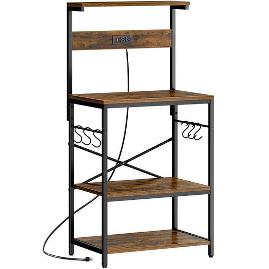 Rustic Brown SUPERJARE Kitchen Bakers Rack with Power Outlets and Hooks - 4-Tier Storage Shelf for Microwave, Coffee Bar, and More - WoodArtSupply