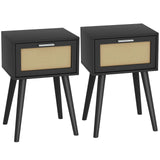 LAATOOREE Nightstand Set of 2, Small End Table with Rattan Door, Bedside Table with Solid Wood Feet, Boho Side Table for Bedroom Living Room Small Space - Black LAATOOREE