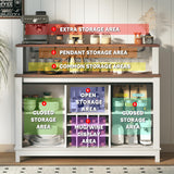 PRETZI 55" Farmhouse Coffee Bar Cabinet with LED Lights, Wine Bar Cabinet with 4 Tier Storage, Kitchen Buffet Cabinet with Sliding Door & Wine and Glass Rack for Dining Living Room PRETZI