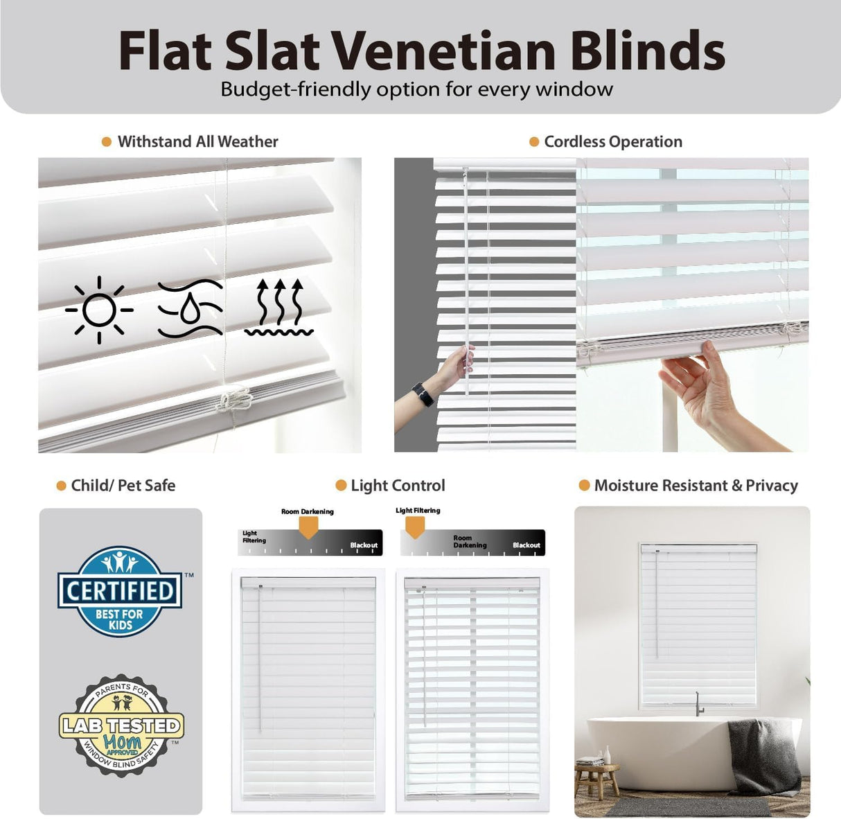 DEZ FURNISHINGS Cordless 2" Flat Slat Venetian Blind, 31" W x 60" H, White DEZ FURNISHINGS