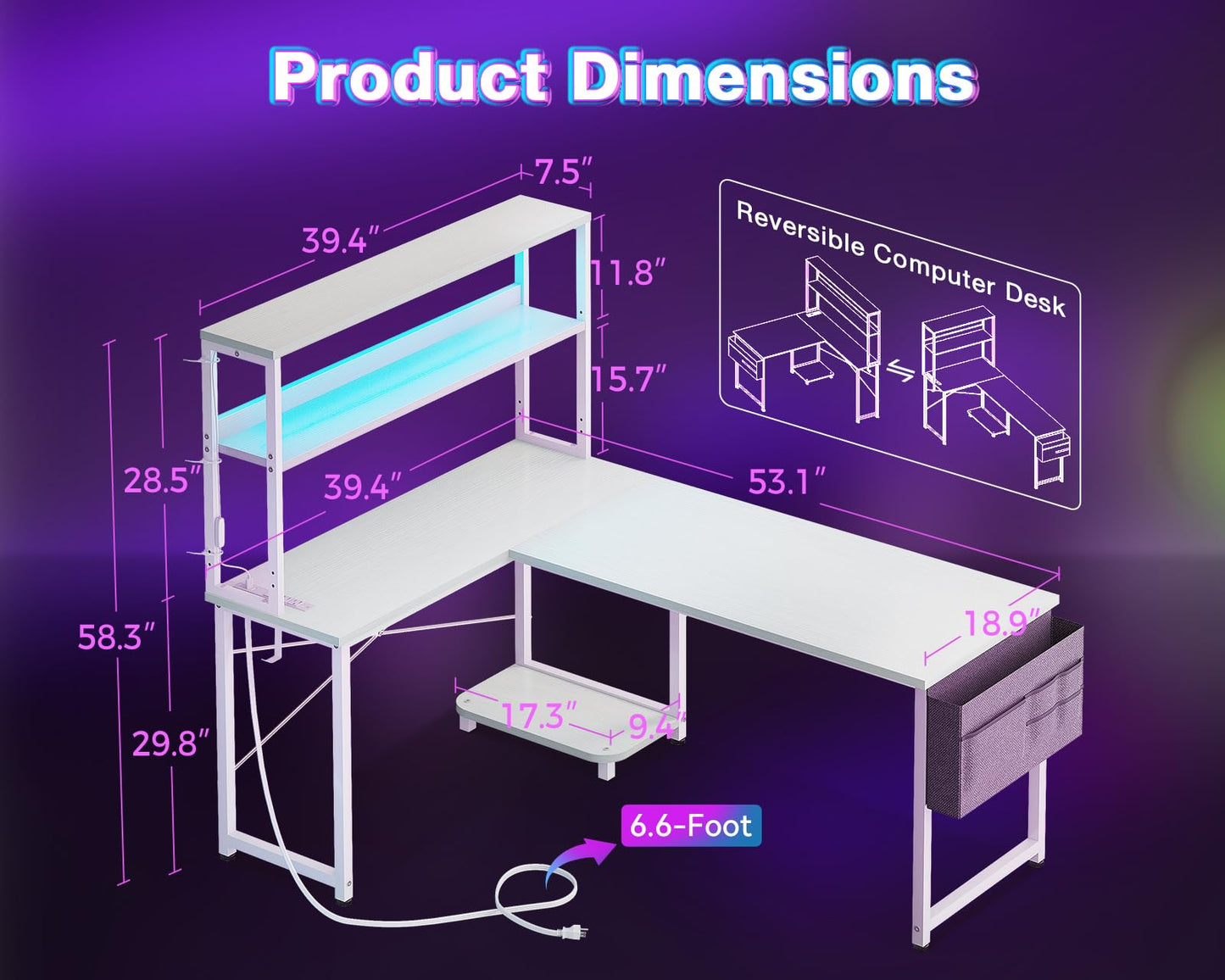 AODK L Shaped Desk Gaming Desk with LED Light & Power Outlet, 53 Inch Reversible L Shaped Computer Desk with Shelf, Corner Desk with Storage Bag&Hook for Home Office Desk, White