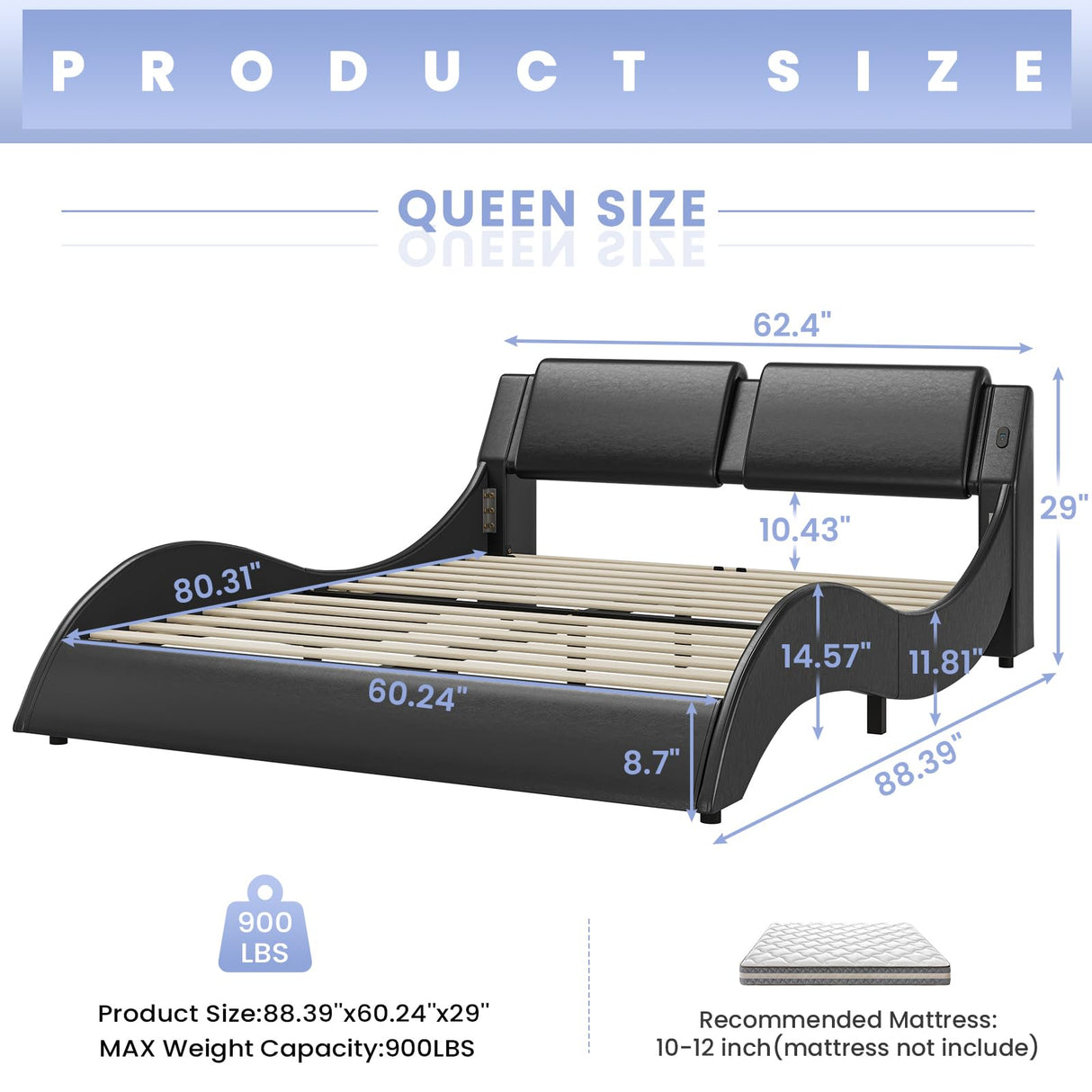 DICTAC Queen Bed Frame with Led Lights and Charging Ports Modern Faux Leather Upholstered Queen Size Platform Bed with Headboard Wave Like Curve Low Profile Bed,Wood Slats Support,Easy Assembly,Black DICTAC