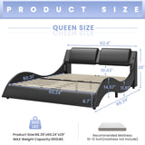 DICTAC Queen Bed Frame with Led Lights and Charging Ports Modern Faux Leather Upholstered Queen Size Platform Bed with Headboard Wave Like Curve Low Profile Bed,Wood Slats Support,Easy Assembly,Black DICTAC