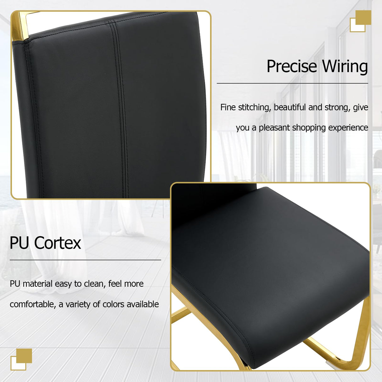 CTPNMCIN Modern Dining Table Set for 4, 55'' Gold Dining Room Table Set with 4 Black Faux Leather Chairs, Black Wood Tabletop with Gold Metal Legs, Suitable for Small Space CTPNMCIN