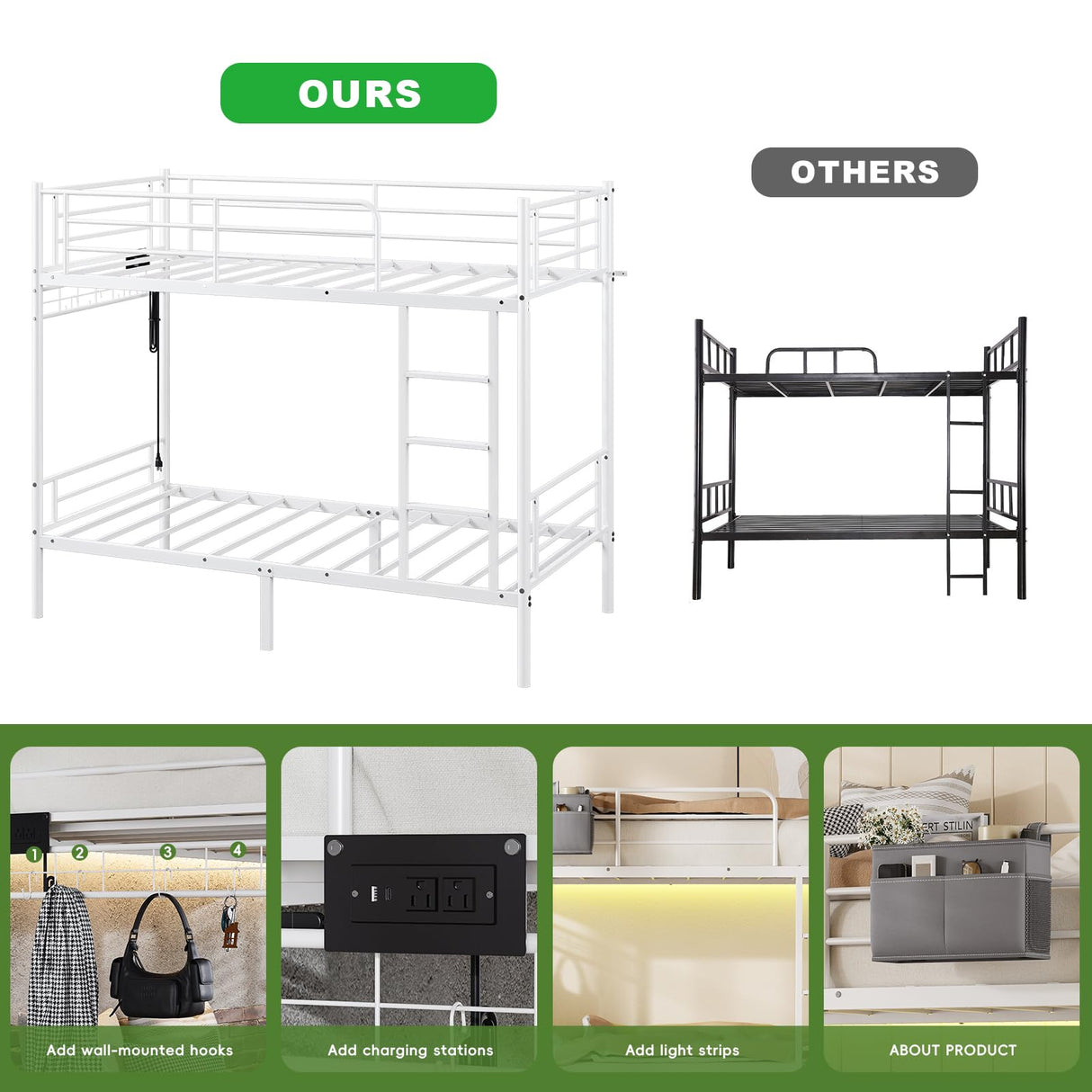 LIPIGE Bunk Bed Twin Over Twin,Heavy-Duty Metal Bunk Bed with Power Outlet and LED Lights,Safety Rails Ladder,Space-Saving Design with Storage Hooks,440lbs Capacity for Adults,White LIPIGE