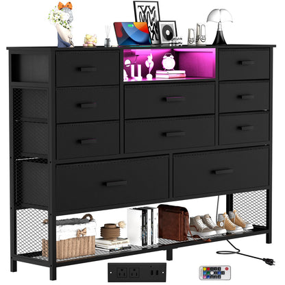 Harpaq Black Dresser for Bedroom with 10 Drawers, Dresser with Charging Station, TV Stand Dresser with LED Light for 55" TV, Fabric Drawer Dresser with PU Finish, Dresser with Shelves for Clo - WoodArtSupply