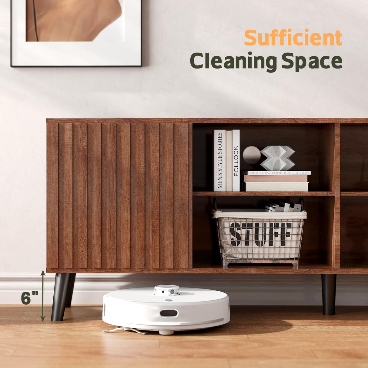 Lamtor Mid-Century Modern TV-Stand - Fluted TV Stand for 80 75 65Inch TV, Entertainment Center with Storage, Media Console with Adjustable Shelves for Living Room, Walnut Lamtor