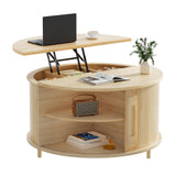 YKVIQBY Round Lift Top Coffee Table, 31.5" Fluted Wood Accent Coffee Table with 180° Curved Sliding Door, Hidden Storage, Mid Century Modern Center Table for Living Room Office Small Spaces, Oak YKVIQBY