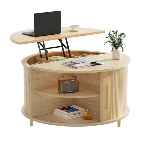 YKVIQBY Round Lift Top Coffee Table, 31.5" Fluted Wood Accent Coffee Table with 180° Curved Sliding Door, Hidden Storage, Mid Century Modern Center Table for Living Room Office Small Spaces, Oak YKVIQBY