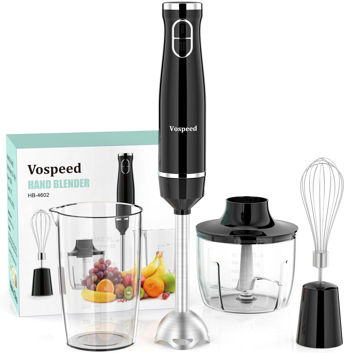 Immersion Blender, Vospeed 1000 Watt 4-in-1 Hand Blender with Chopper, Whisk, 600ml Mixing Beaker, Electric Stick Blender with Two Speed Adjustable, Ergonomic handle, Detachable Vospeed