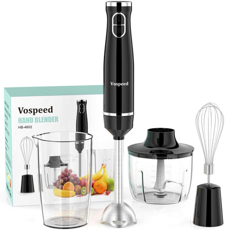 Immersion Blender, Vospeed 1000 Watt 4-in-1 Hand Blender with Chopper, Whisk, 600ml Mixing Beaker, Electric Stick Blender with Two Speed Adjustable, Ergonomic handle, Detachable Vospeed