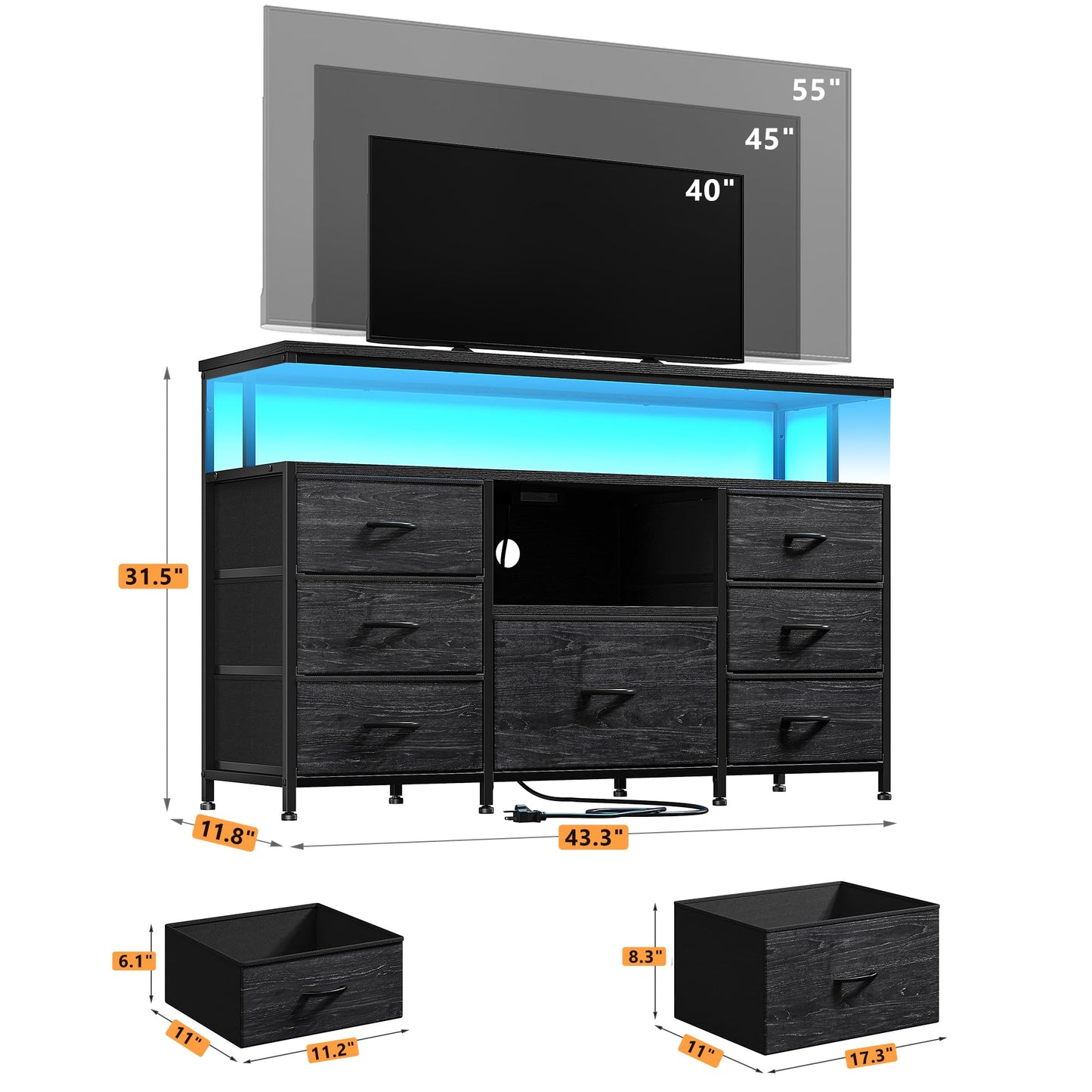 EnHomee Dresser TV Stand for Bedroom with LED Lights & power outlets for 55" TV Stand Dresser for Bedroom Entertainment Center with 7 Fabric Drawers and Wood Shelves for Living Room, Black - WoodArtSupply