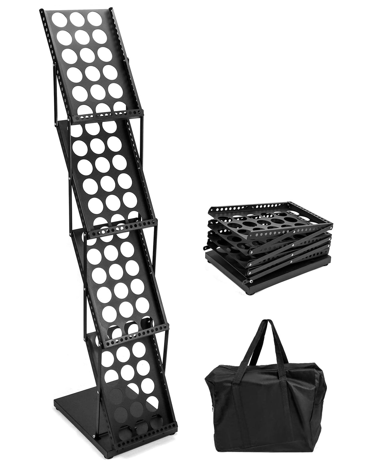 QWORK Magazine Brochure Display Rack Stand, 4 Pocket Foldable Literature Catalog Rack Book Holder Tradeshow Display Stand, for Office Store and Exhibition Trade Show (Black) QWORK