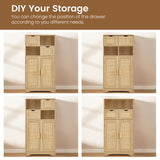 Iwell Storage Cabinet with 2 Drawers & Adjustable Shelves, Rattan Cabinet, Kitchen Pantry Cabinets, Cupboard for Living Room, Kitchen, Home Office, Natural Iwell