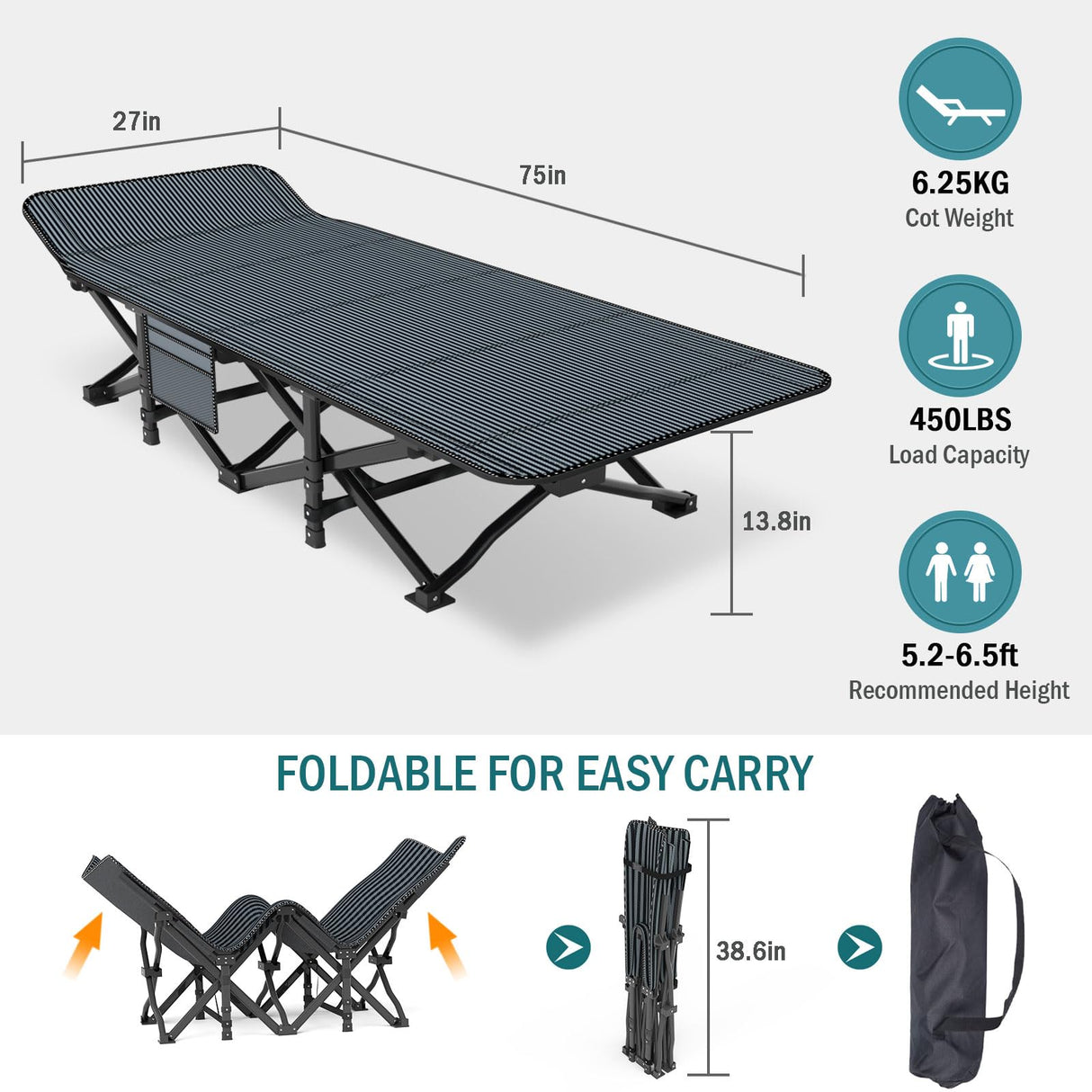 Mopaicot Camping Cot for Adults, Folding Bed with Comfortable Cushion, Tent Portable Sleeping Bed with Carry Bag for Camp, Office Use, Outdoor, Traveling Supports 450 lbs Mopaicot
