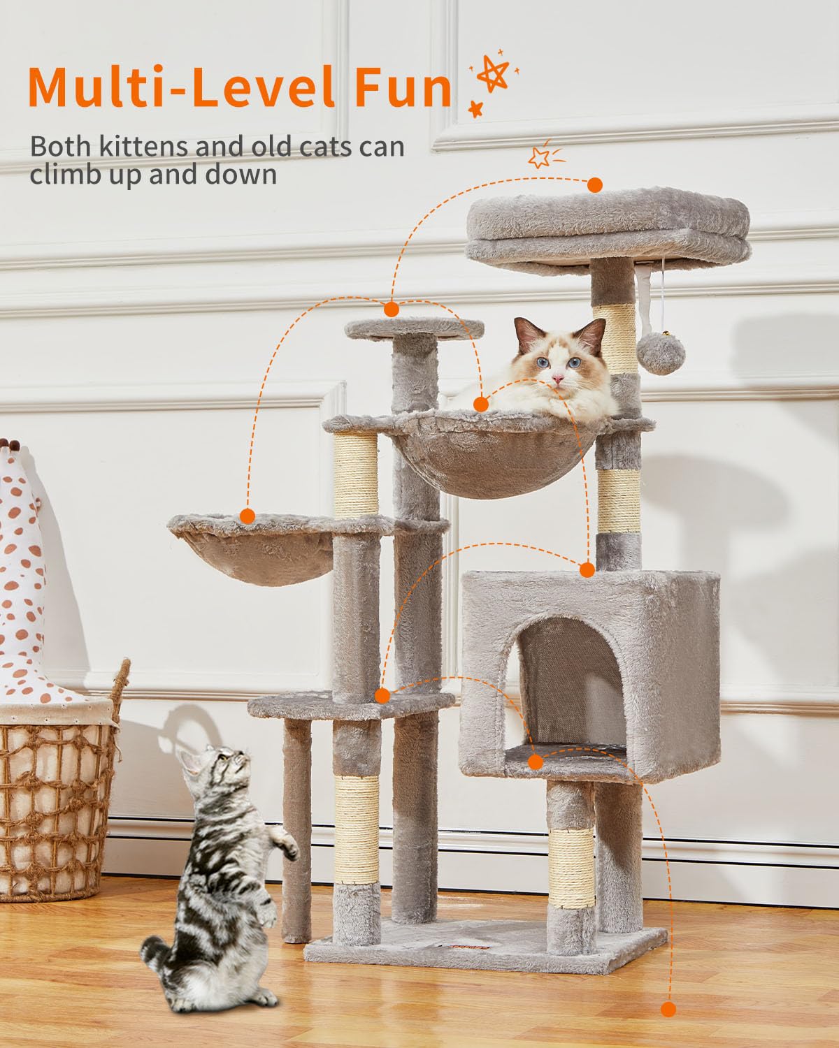 Taoqimiao Cat Tree, 39.4-Inch Cat Tower for Indoor Cats,Suitable for Kittens,Plush Cat Condo with 5 Scratching Posts, Plush Perch,2 Hammock,Pompoms, MS019W Light Gray Taoqimiao
