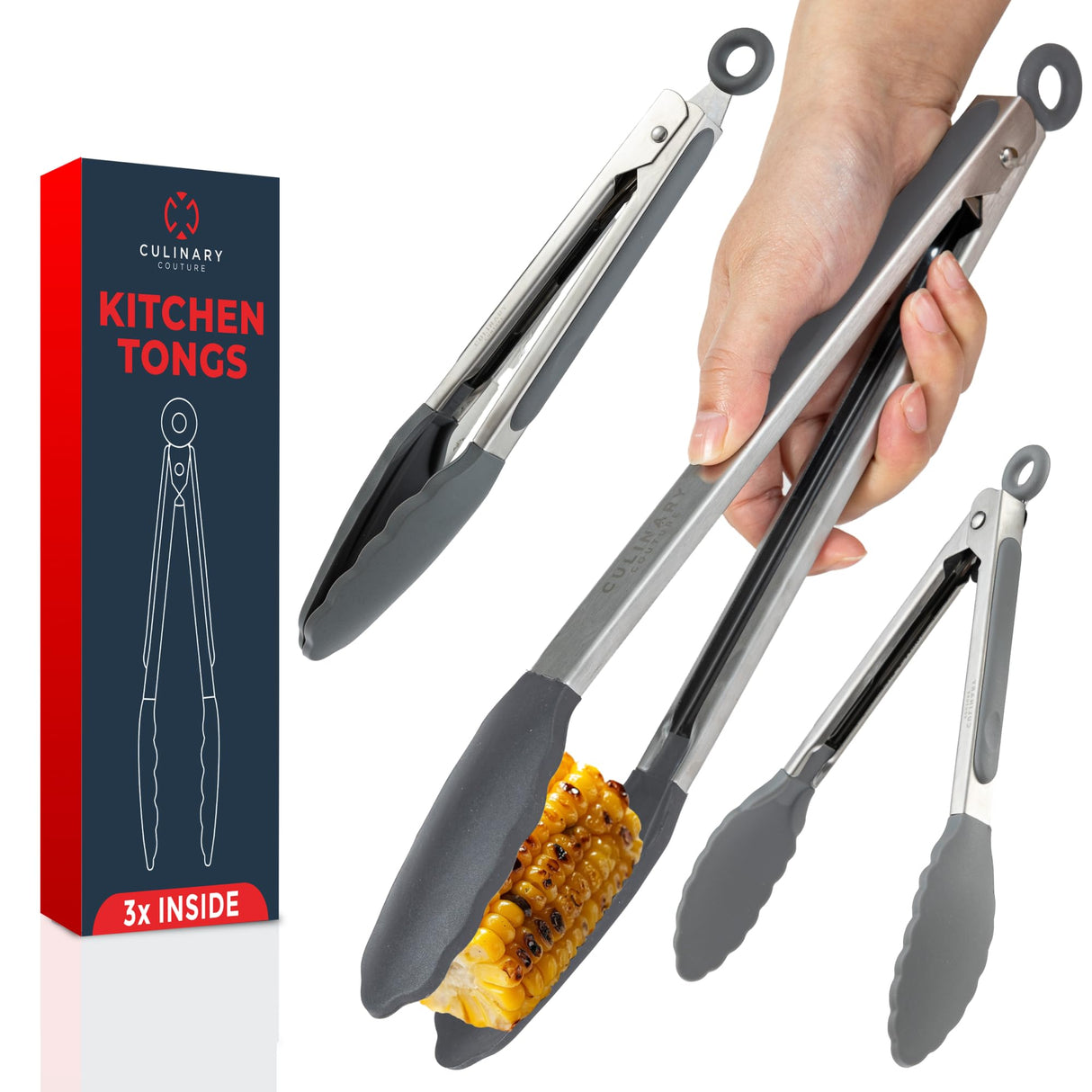 Silicone Kitchen Tongs for Cooking with Silicone Tips, Heat Resistant Tongs for Serving Food, 7-Inch, 9-Inch, 12-Inch Locking Silicone Tongs, Set of 3 Salad Tongs, Grey Kitchen Utensils Culinary Couture