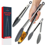 Silicone Kitchen Tongs for Cooking with Silicone Tips, Heat Resistant Tongs for Serving Food, 7-Inch, 9-Inch, 12-Inch Locking Silicone Tongs, Set of 3 Salad Tongs, Grey Kitchen Utensils Culinary Couture