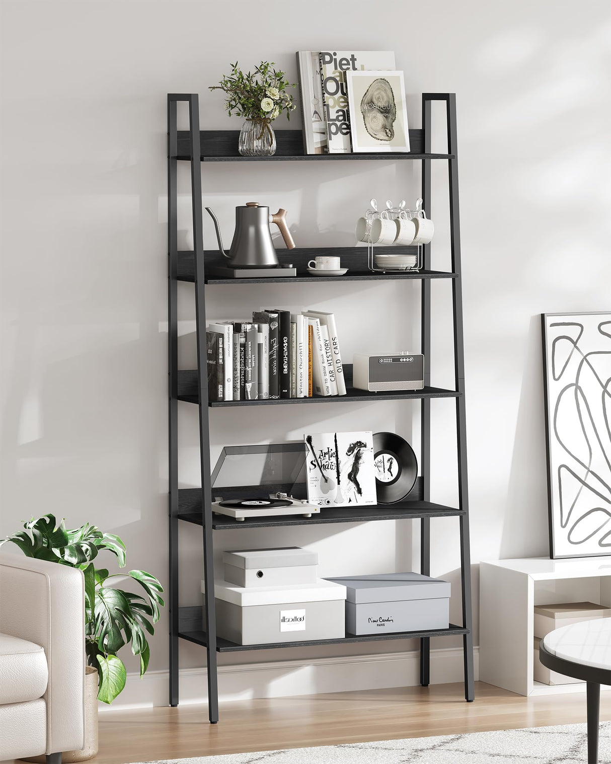 VASAGLE 5-Tier Ladder Shelf - Stylish Multi-Use Bookshelf in Ebony Black and Ink Black VASAGLE