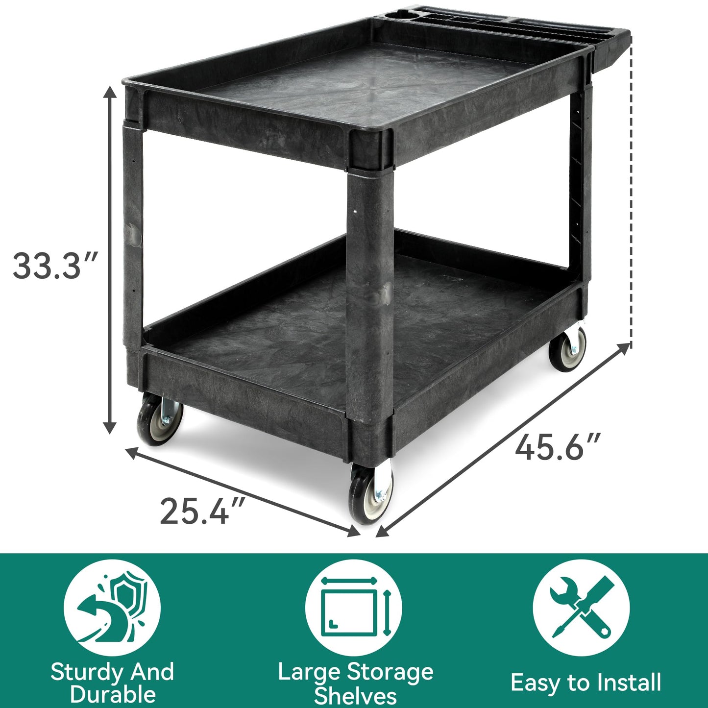 YITAHOME Utility Cart on Wheels, 550 lbs Capacity, 45 x 25 Inch Rolling Work Carts with Wheels, 2 Shelf Heavy Duty Plastic Service Cart Suitable for Warehouse, Garage, School & Office, Cleaning, Black