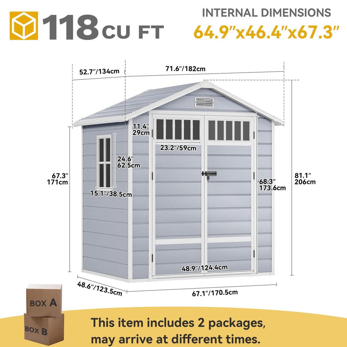 DWVO Outdoor Storage Shed, All-Weather Resin Plastic Storage Shed with Windows, Slanted Roof, Raised Floor, Capacity for Garden Tools & Equipment, Ideal for Backyard & Garden DWVO