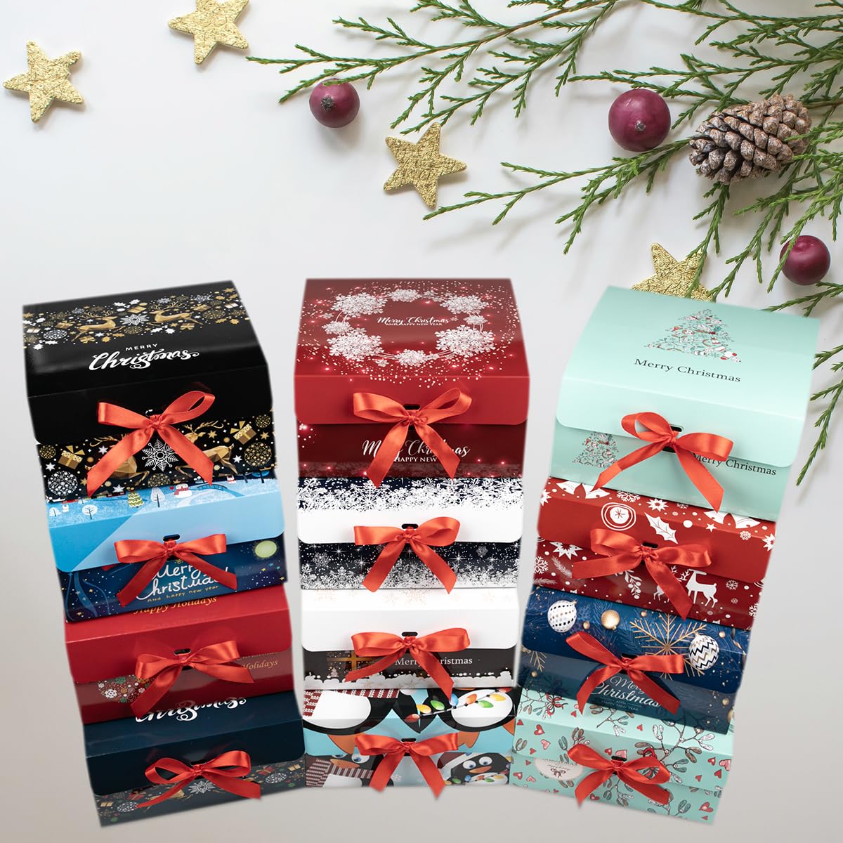 ARTLYMERS Christmas Gift Boxes with Lids, 12 Pack Gift Boxes and Red Ribbon Christmas Themed Pattern Small Gift Boxes for Christmas Presents Gifts Easy Assemble ARTLYMERS