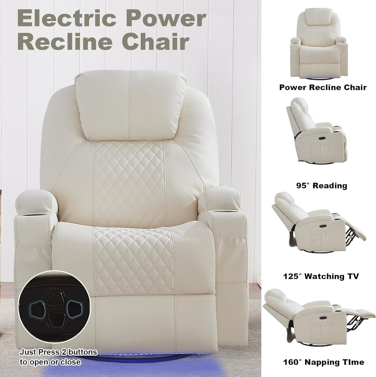IBTKIG Power Swivel Rocker Recliner Chair with Massage and Heat/LED Lights/USB and Type-C Ports/Infinite Position/Cup Holder, Electric Glider Reclining Sofa for Nursery Living Room (1, Beige) IBTKIG