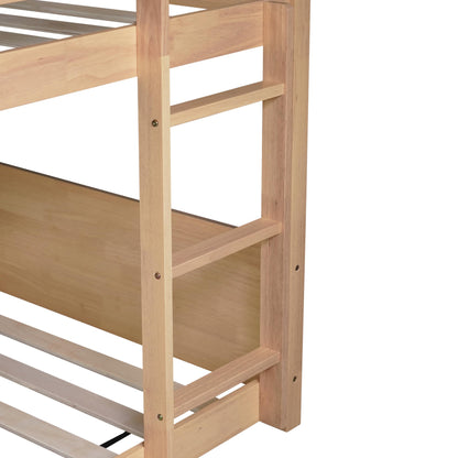 Ziraukon Twin Over Twin Floor Bunk Bed with Ladder and Safety Guardrails, Solid Wooden Loft Bed Frame for Teens and Adults, Easy to Assemble, Saving Space, No Box Spring Needed, White Oak